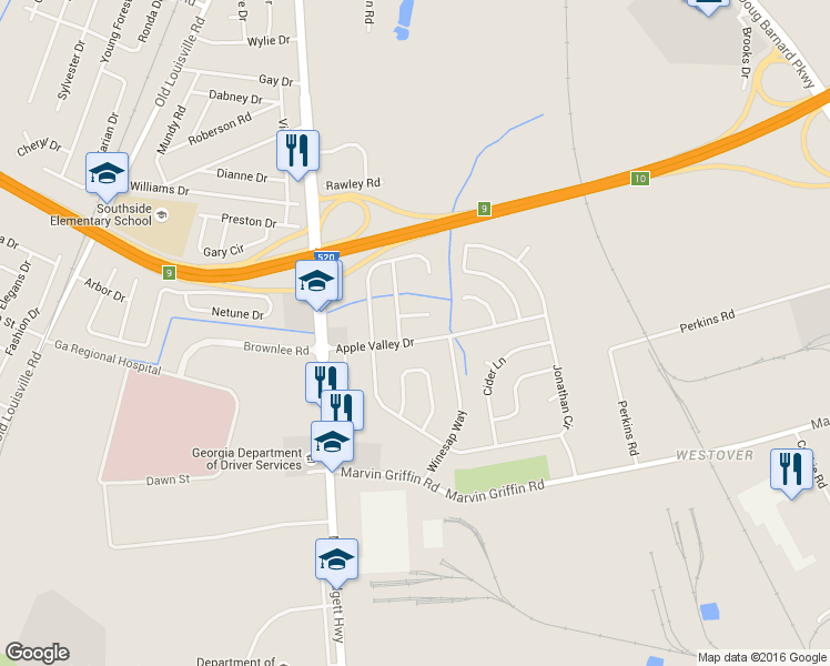 map of restaurants, bars, coffee shops, grocery stores, and more near 1709 Apple Valley Drive in Augusta
