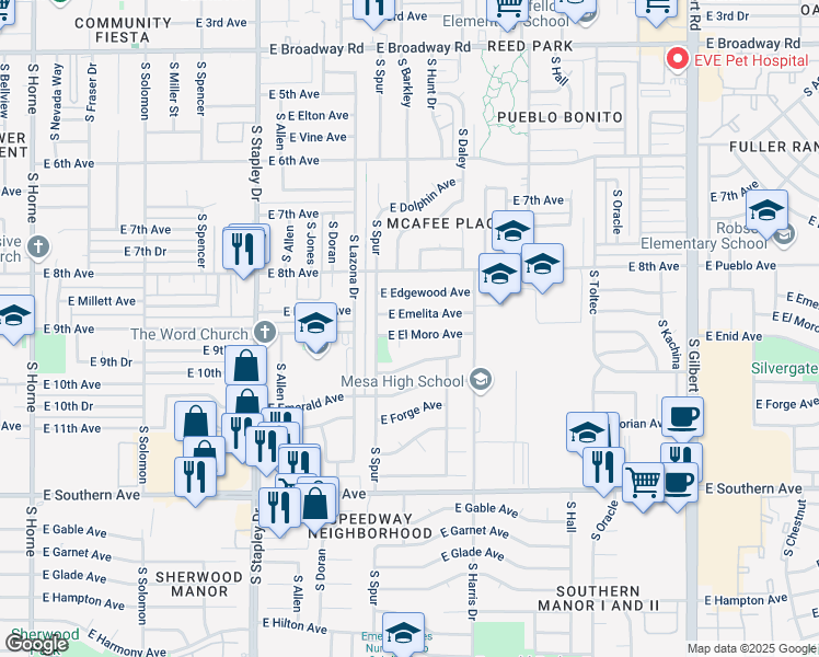 map of restaurants, bars, coffee shops, grocery stores, and more near 1455 East Emelita Avenue in Mesa
