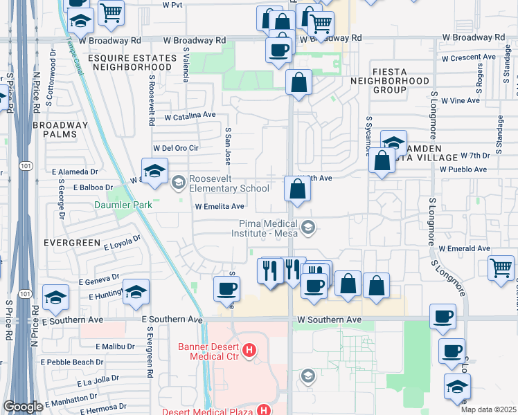 map of restaurants, bars, coffee shops, grocery stores, and more near 830 South Dobson Road in Mesa