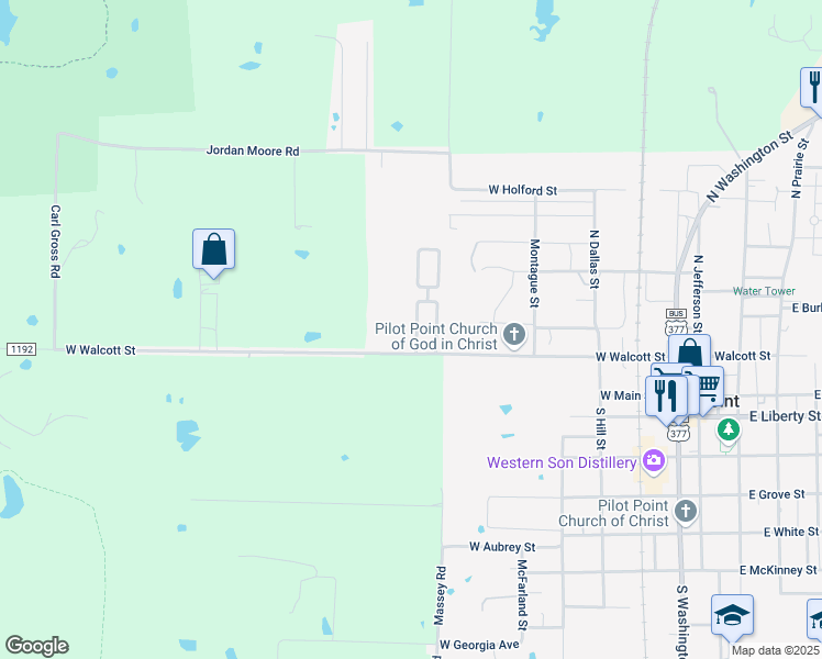 map of restaurants, bars, coffee shops, grocery stores, and more near 297 North Laramie Circle in Pilot Point