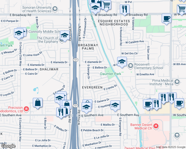 map of restaurants, bars, coffee shops, grocery stores, and more near 2415 East Cairo Drive in Tempe