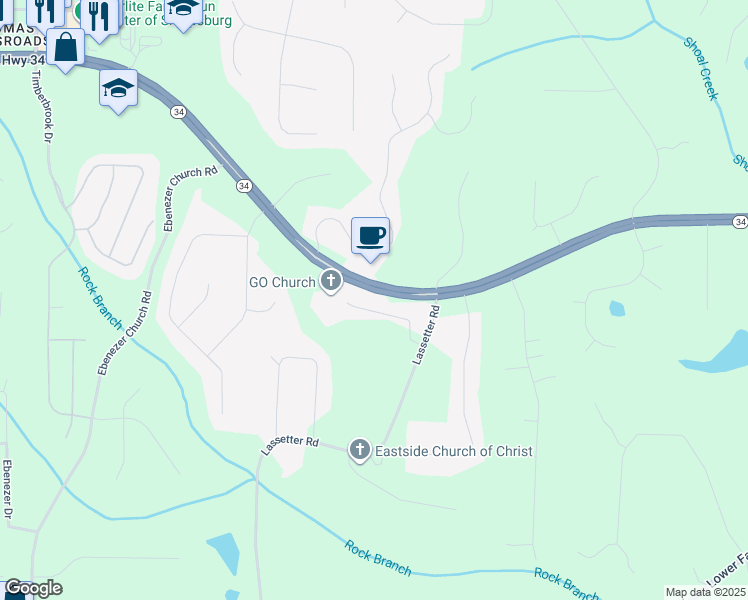 map of restaurants, bars, coffee shops, grocery stores, and more near 3955 Georgia 34 in Sharpsburg