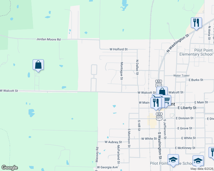 map of restaurants, bars, coffee shops, grocery stores, and more near 640 West Walcott Street in Pilot Point