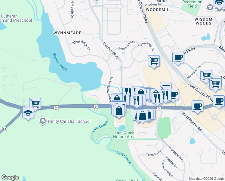 map of restaurants, bars, coffee shops, grocery stores, and more near 203 Kings Court in Peachtree City