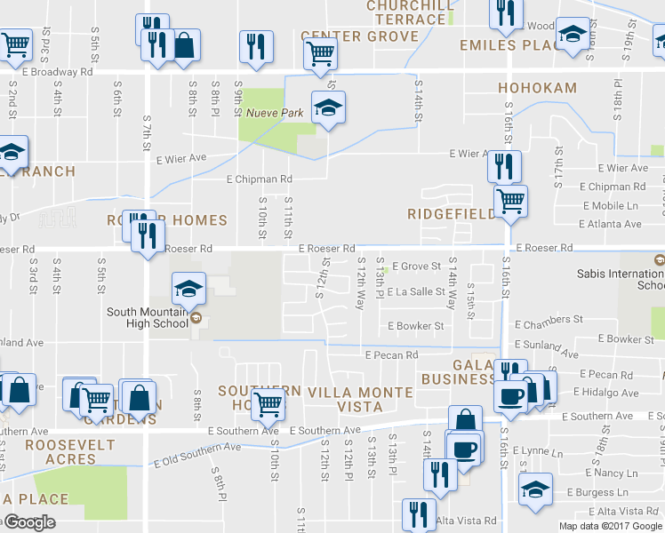 map of restaurants, bars, coffee shops, grocery stores, and more near 1205 East Grenadine Road in Phoenix