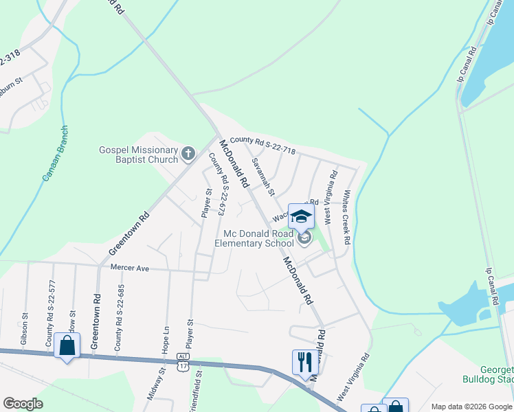 map of restaurants, bars, coffee shops, grocery stores, and more near 745 County Road S-22-71 in Georgetown