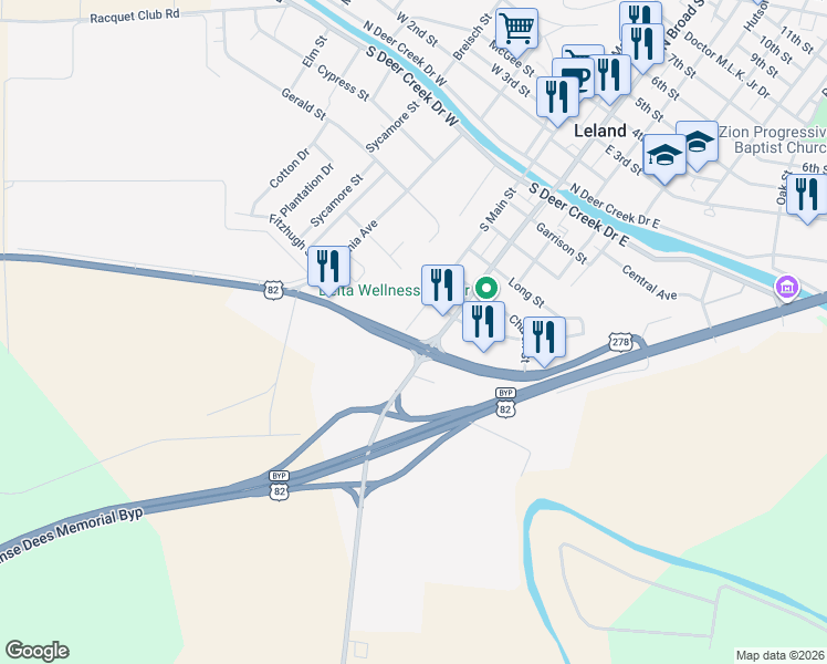 map of restaurants, bars, coffee shops, grocery stores, and more near 613 S Main St in Leland