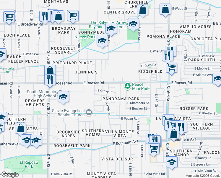 map of restaurants, bars, coffee shops, grocery stores, and more near 1205 East Grenadine Road in Phoenix