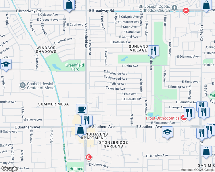 map of restaurants, bars, coffee shops, grocery stores, and more near 4522 East Emelita Avenue in Mesa