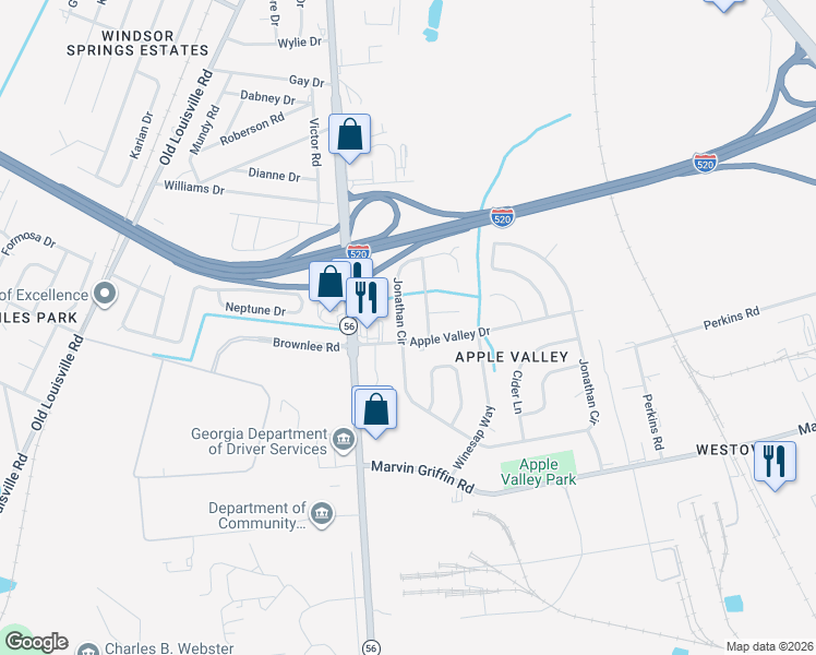 map of restaurants, bars, coffee shops, grocery stores, and more near 3318 Jonathan Circle in Augusta