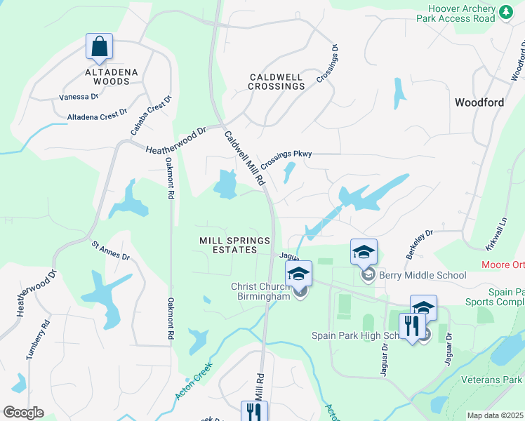 map of restaurants, bars, coffee shops, grocery stores, and more near 5080 Caldwell Mill Road in Birmingham
