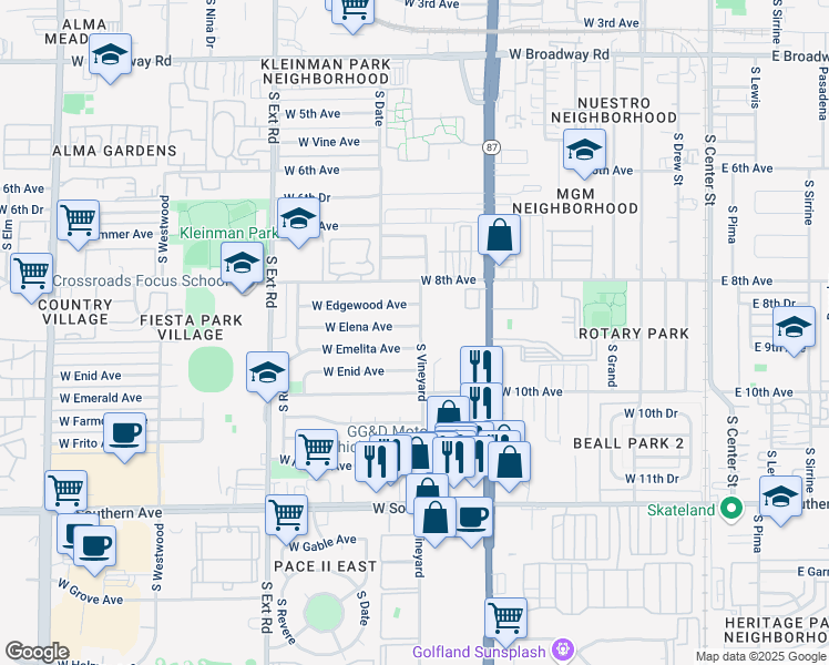 map of restaurants, bars, coffee shops, grocery stores, and more near 523 West Elena Avenue in Mesa