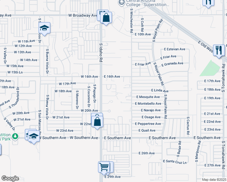 map of restaurants, bars, coffee shops, grocery stores, and more near 1790 South Sombrero Road in Apache Junction