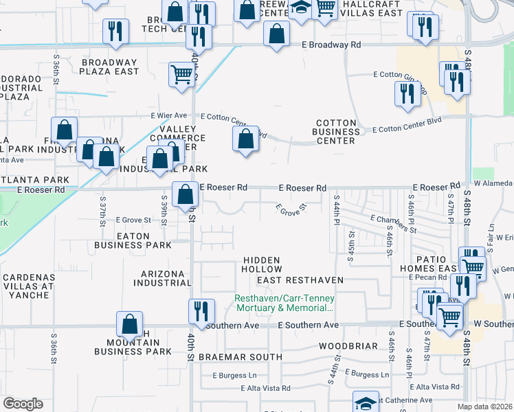 map of restaurants, bars, coffee shops, grocery stores, and more near 4221 East Grove Street in Phoenix