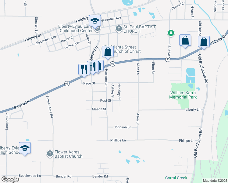 map of restaurants, bars, coffee shops, grocery stores, and more near 2009 Ashley Street in Texarkana