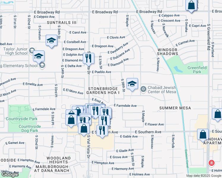 map of restaurants, bars, coffee shops, grocery stores, and more near 3731 East Edgewood Avenue in Mesa