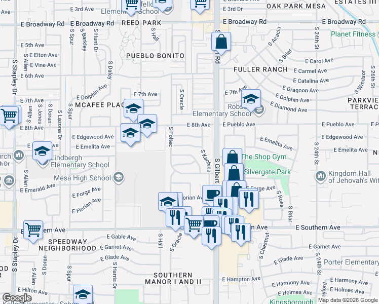 map of restaurants, bars, coffee shops, grocery stores, and more near 1862 East El Moro Avenue in Mesa