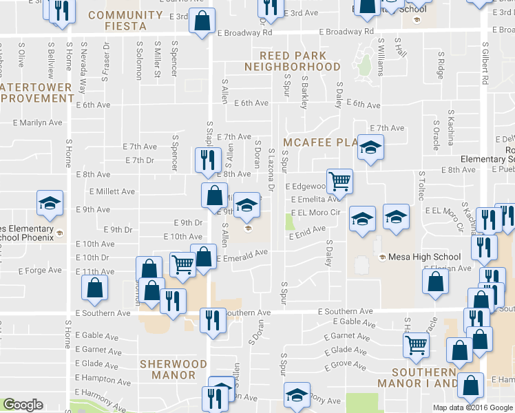 map of restaurants, bars, coffee shops, grocery stores, and more near 1324 East 9th Avenue in Mesa