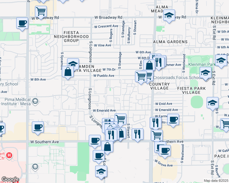 map of restaurants, bars, coffee shops, grocery stores, and more near 1480 West Emelita Avenue in Mesa