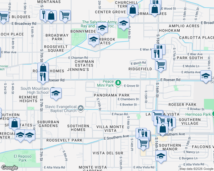 map of restaurants, bars, coffee shops, grocery stores, and more near 5218 South 12th Way in Phoenix