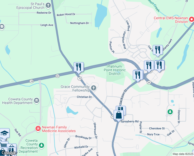 map of restaurants, bars, coffee shops, grocery stores, and more near 508 Tucker Drive in Newnan