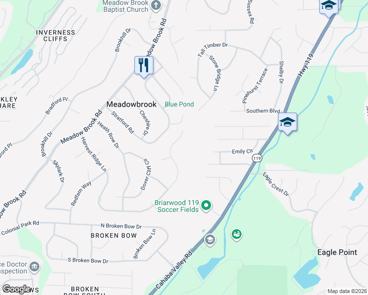 map of restaurants, bars, coffee shops, grocery stores, and more near 5395 Harvest Ridge Lane in Birmingham