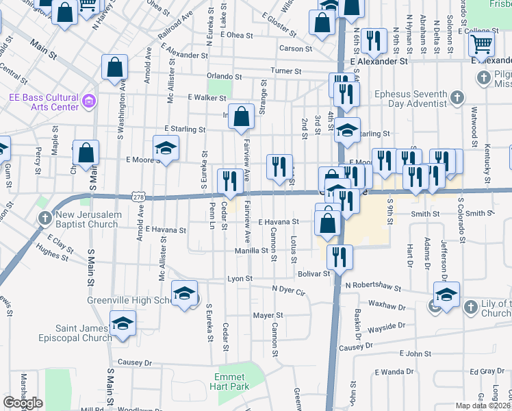 map of restaurants, bars, coffee shops, grocery stores, and more near 633 U.S. 82 in Greenville