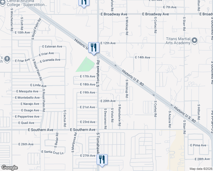 map of restaurants, bars, coffee shops, grocery stores, and more near 1765 South Descanso Road in Apache Junction