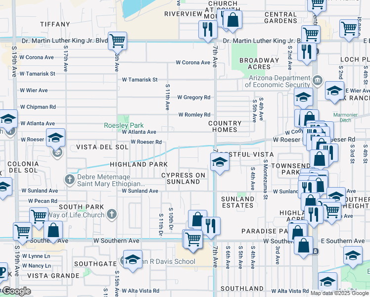 map of restaurants, bars, coffee shops, grocery stores, and more near 913 West Roeser Road in Phoenix