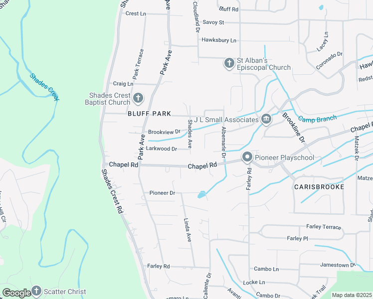 map of restaurants, bars, coffee shops, grocery stores, and more near 2198 Larkwood Drive in Hoover