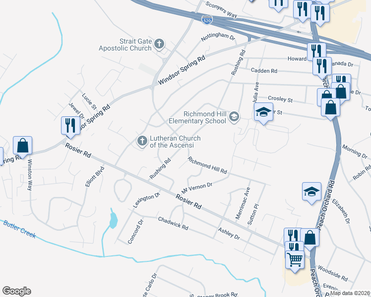 map of restaurants, bars, coffee shops, grocery stores, and more near 3507 Richmond Hill Road in Augusta