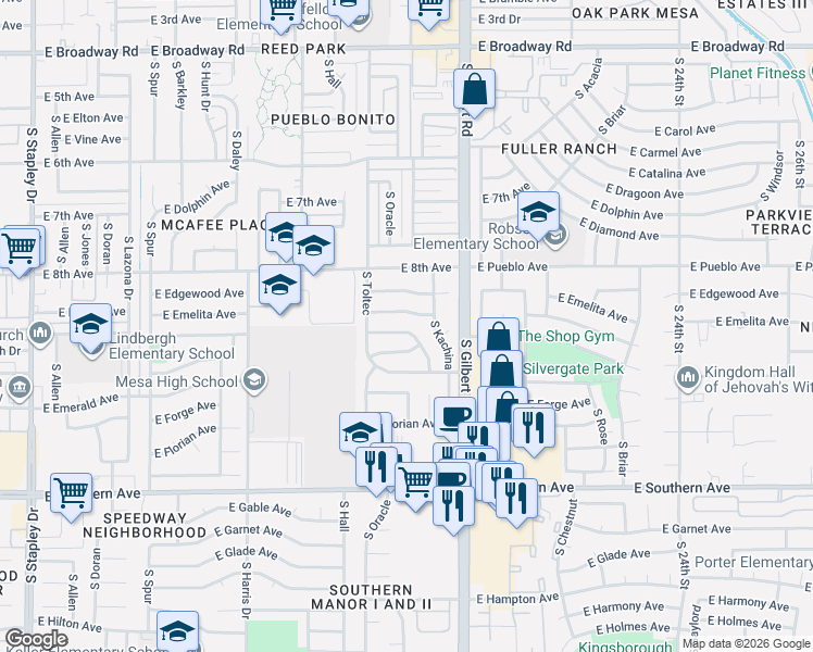 map of restaurants, bars, coffee shops, grocery stores, and more near 1862 East El Moro Avenue in Mesa