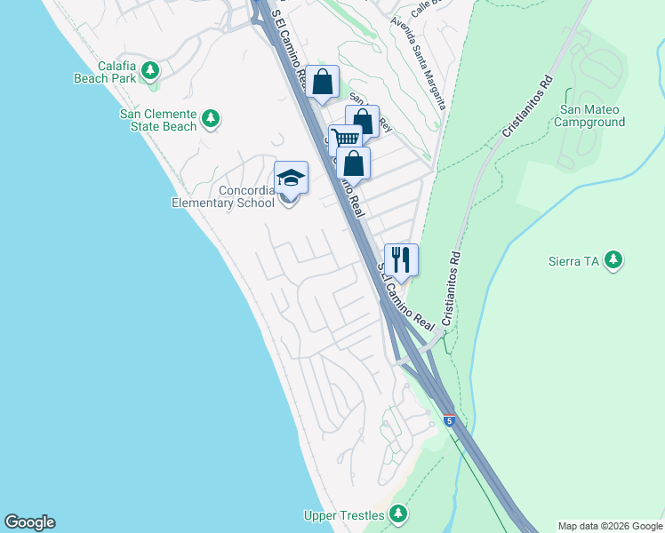 map of restaurants, bars, coffee shops, grocery stores, and more near 220 Avenida Vista Del Oceano in San Clemente