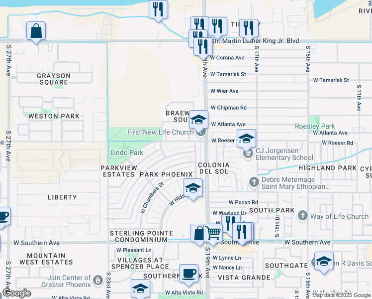map of restaurants, bars, coffee shops, grocery stores, and more near 2018 West Pecan Road in Phoenix