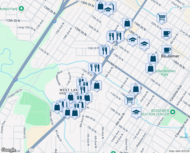 map of restaurants, bars, coffee shops, grocery stores, and more near 1203 9th Ave N in Bessemer