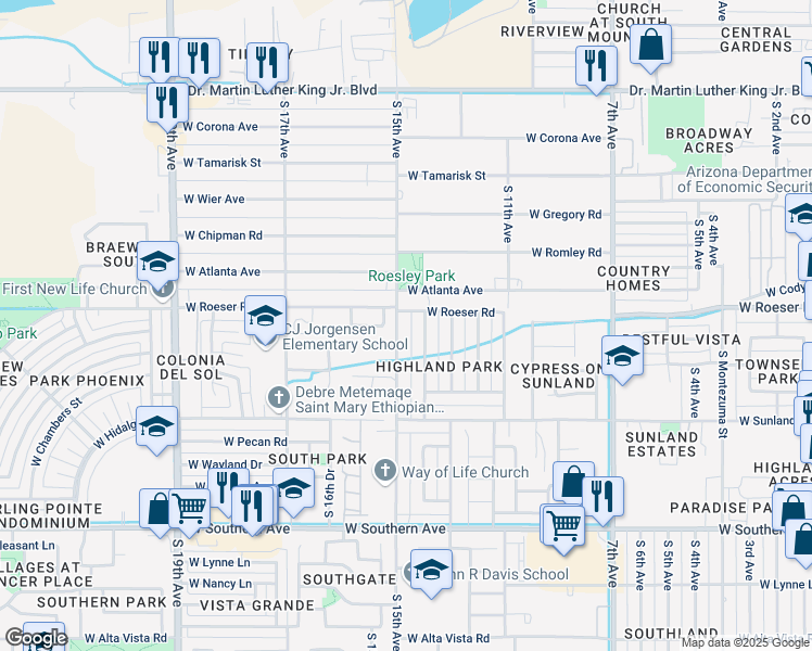 map of restaurants, bars, coffee shops, grocery stores, and more near 5213 South 15th Avenue in Phoenix