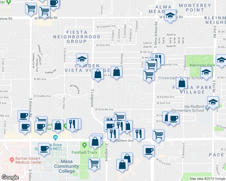 map of restaurants, bars, coffee shops, grocery stores, and more near 1480 West Emelita Avenue in Mesa