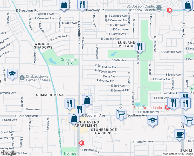 map of restaurants, bars, coffee shops, grocery stores, and more near 4522 East Emelita Avenue in Mesa