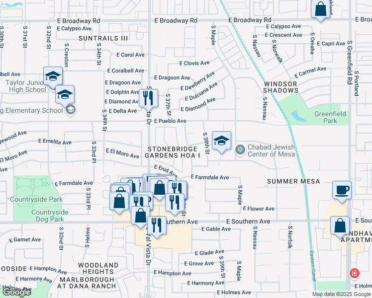 map of restaurants, bars, coffee shops, grocery stores, and more near 3731 East Edgewood Avenue in Mesa