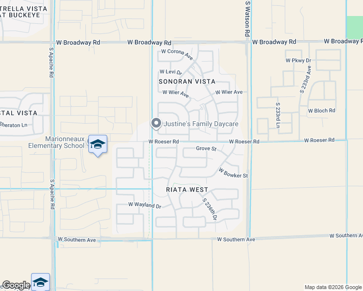 map of restaurants, bars, coffee shops, grocery stores, and more near 23740 Grove Street in Buckeye