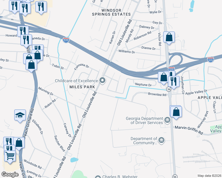 map of restaurants, bars, coffee shops, grocery stores, and more near 1971 Neptune Drive in Augusta