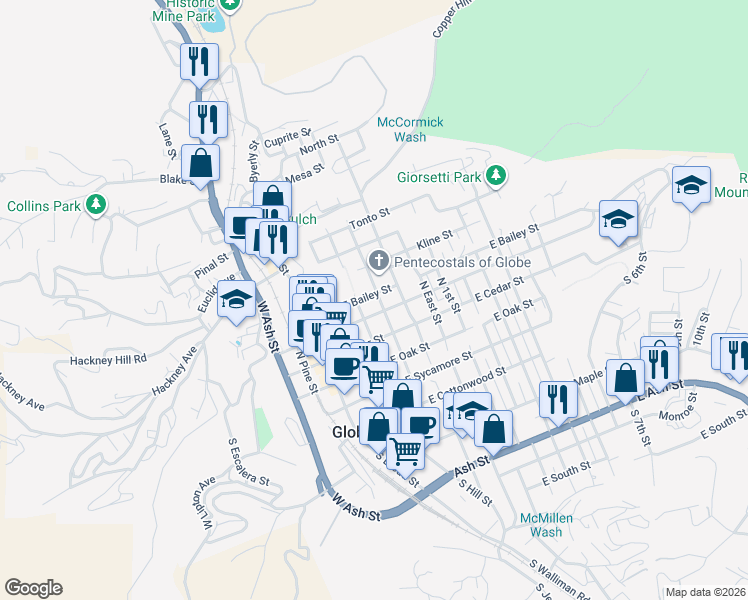 map of restaurants, bars, coffee shops, grocery stores, and more near 380 North Devereaux Street in Globe