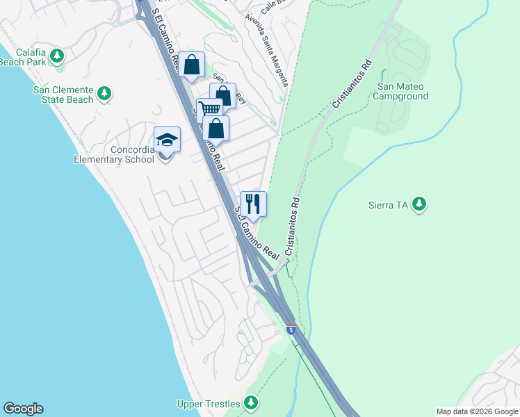 map of restaurants, bars, coffee shops, grocery stores, and more near 114 Avenida Santa Margarita in San Clemente