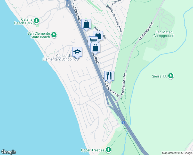 map of restaurants, bars, coffee shops, grocery stores, and more near 223 Calle Campesino in San Clemente