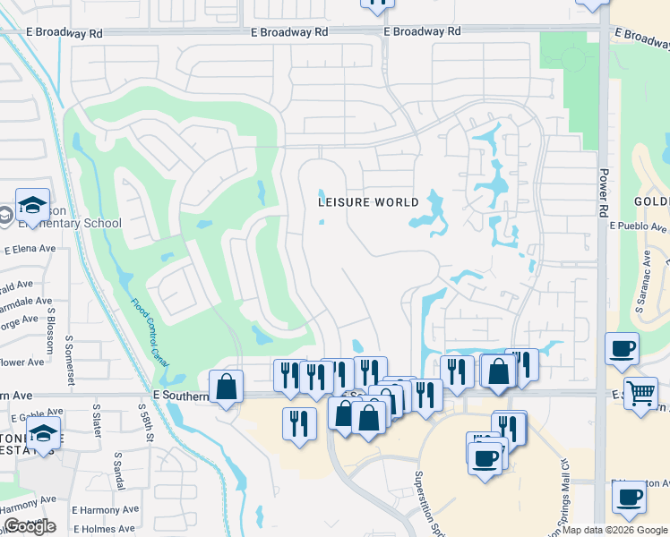 map of restaurants, bars, coffee shops, grocery stores, and more near 1384 Leisure World in Mesa