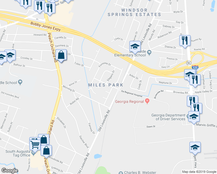 map of restaurants, bars, coffee shops, grocery stores, and more near 1808 Dawn Street in Augusta