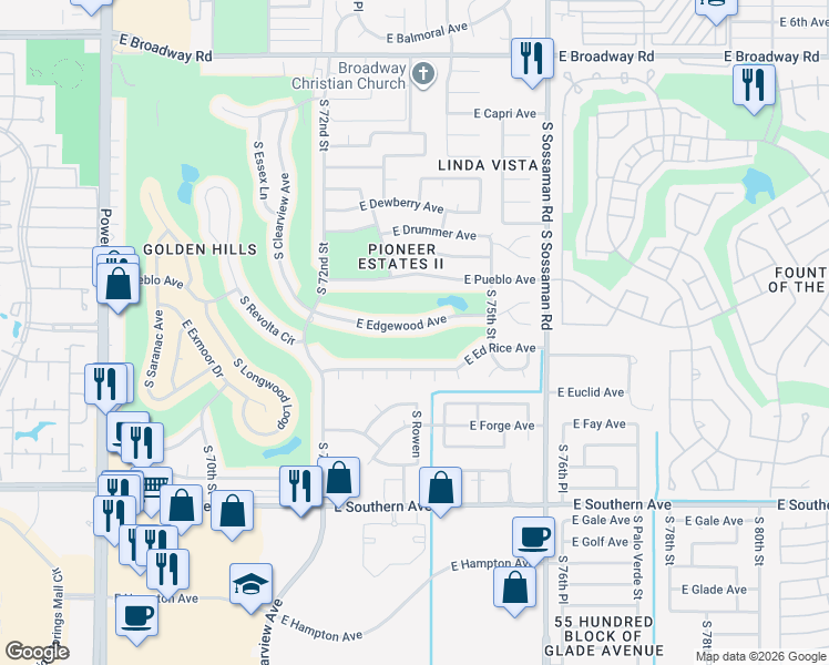 map of restaurants, bars, coffee shops, grocery stores, and more near 7341 East Edgewood Avenue in Mesa