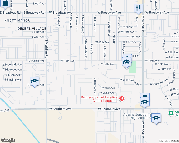map of restaurants, bars, coffee shops, grocery stores, and more near 2471 West 16th Avenue in Apache Junction