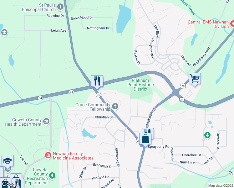 map of restaurants, bars, coffee shops, grocery stores, and more near 508 Tucker Drive in Newnan