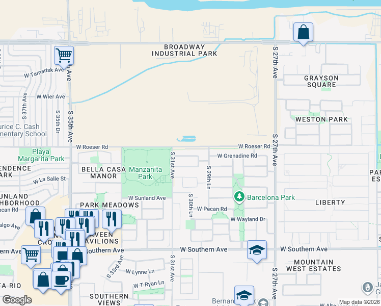 map of restaurants, bars, coffee shops, grocery stores, and more near 3018 West Grenadine Road in Phoenix
